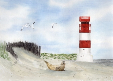 Folienmagnet Aquarell Maritim Kunst Druck Kunstdruck Nordsee Insel Helgoland Robbe Seehund Leuchtturm Strand Düne